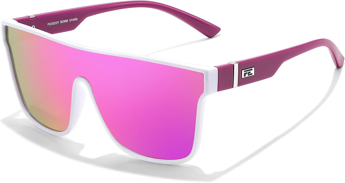 White Frame & Pink Purple Lens / 62 Millimeters | B0DHFPTR5K | FEISEDY Sunglasses for Women Men, Fashion Mirrored Single Lens Shades