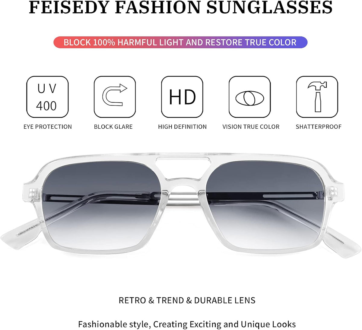 ÉÌƷͼƬ 84 | B0925V3NP4 | FEISEDY Vintage Square 70s Flat Aviator Sunglasses Women Men Metal Design Shades B2752