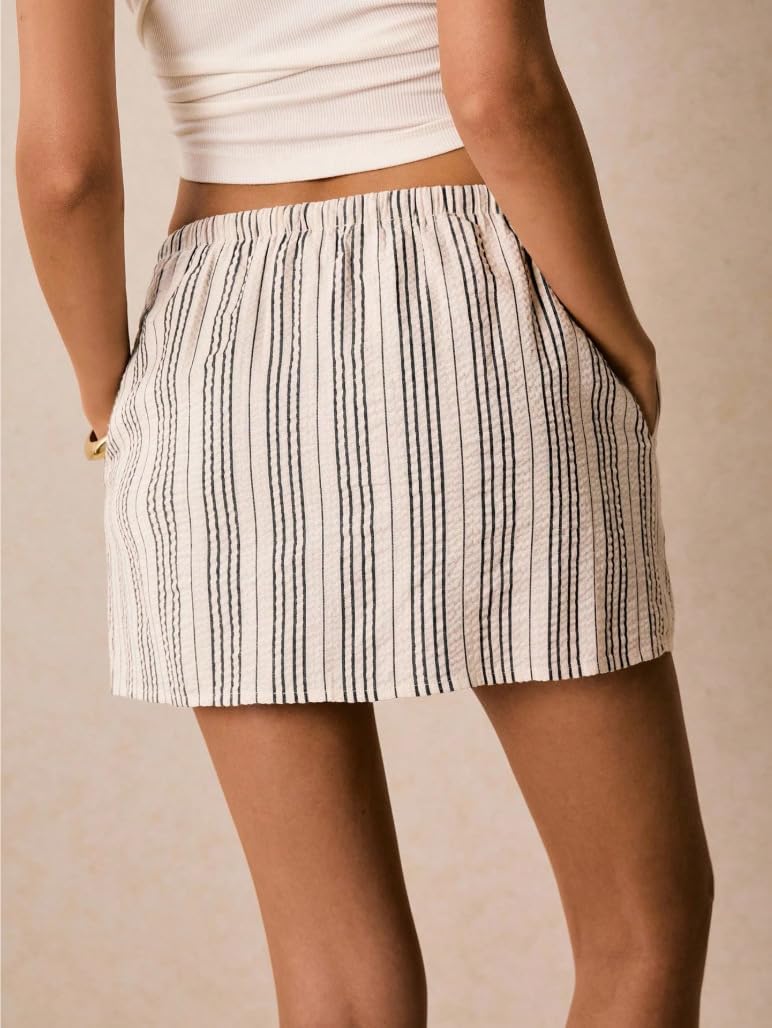 商品图片 5 | B0GYN86CBZ | Striped Mini Skorts Skirts Built-in Shorts for Women Elastic Waist Drawstring Casual Summer Beach Daily Wear