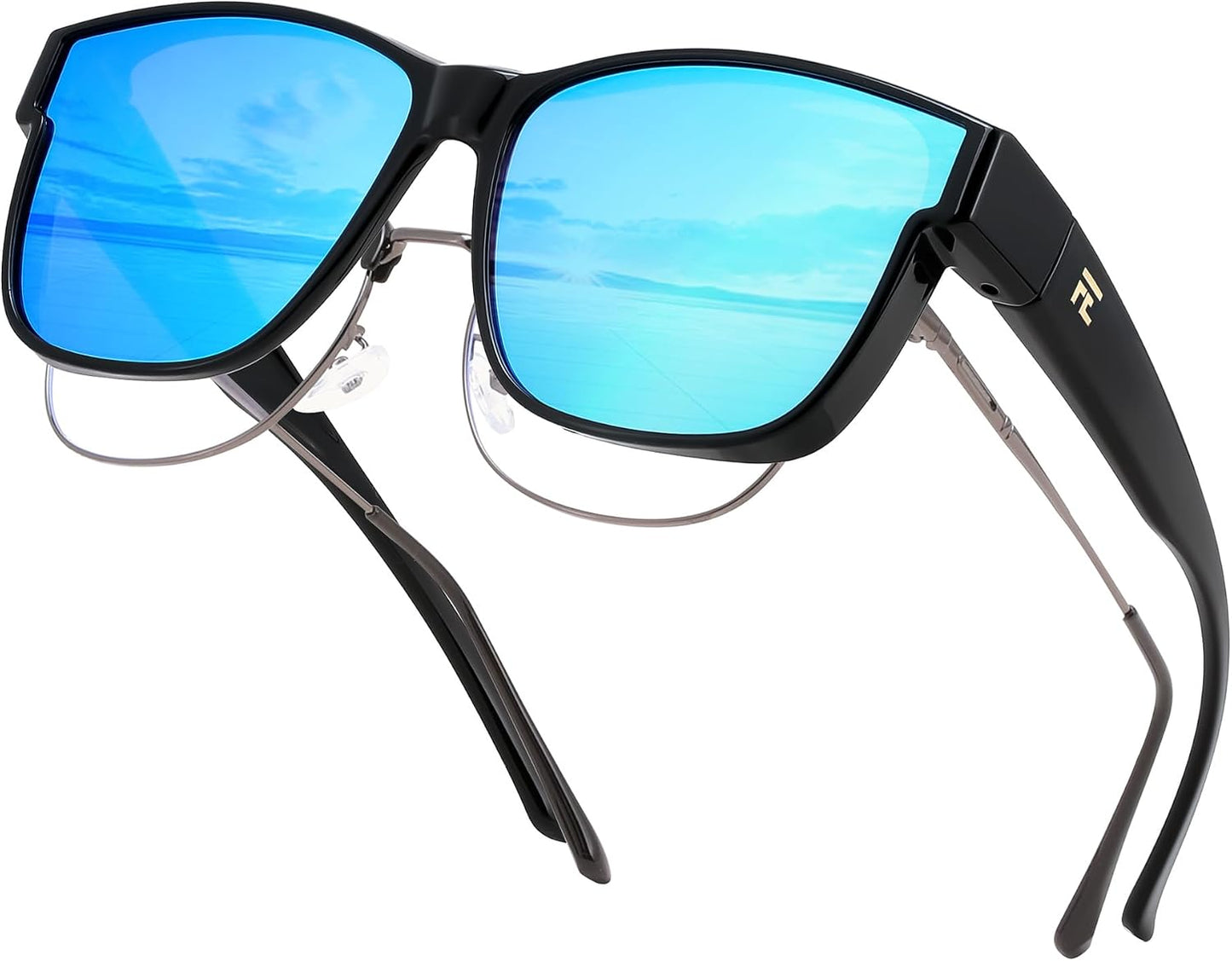 Glossy Black Frame & Blue Mirror Lens / 63 Millimeters | B0GQGZ4PGF | FEISEDY Fit Over Glasses Polarized Sunglasses Oversized Square UV400 B0250
