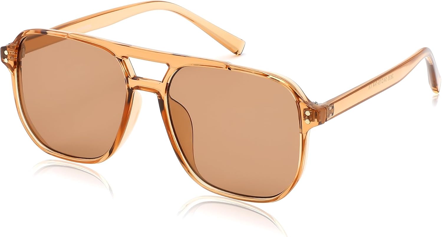 003 Champagne Frame/Champagne Lens / 57 Millimeters | B09J8FQLQX | FEISEDY Retro Square Aviator Sunglasses Women Men 70s Vintage Trendy Plastic Frame Sun Glasses B2835