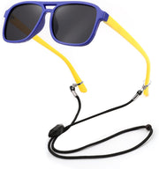 04 Blue / Yellow / 48 Millimeters | B0D3L58FYS | FEISEDY Kids Polarized Sunglasses Flexible TPEE Rubber Toddler Aviator Shades with Strap for Boys Girls Age 3-9
