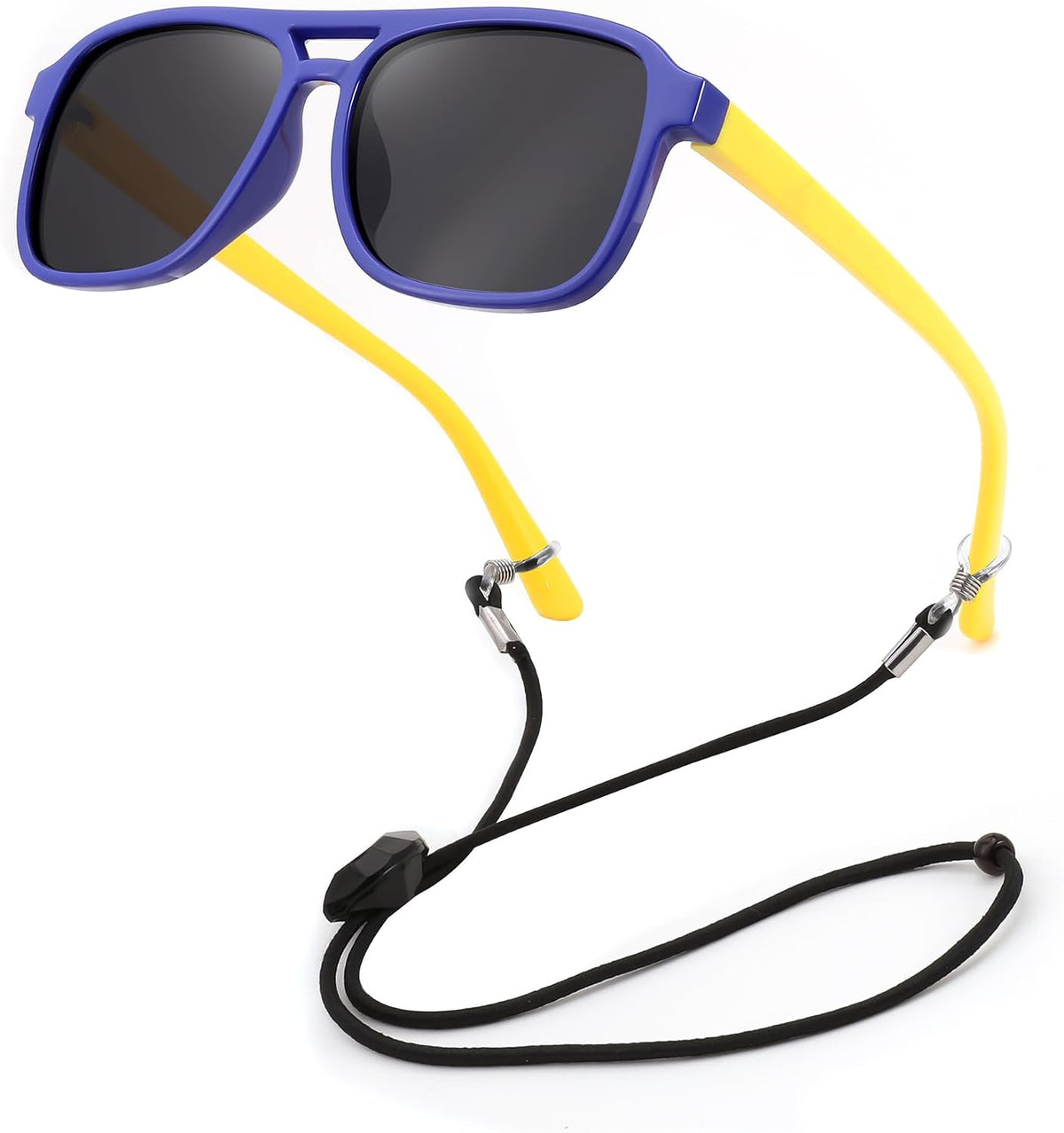 04 Blue / Yellow / 48 Millimeters | B0D3L58FYS | FEISEDY Kids Polarized Sunglasses Flexible TPEE Rubber Toddler Aviator Shades with Strap for Boys Girls Age 3-9