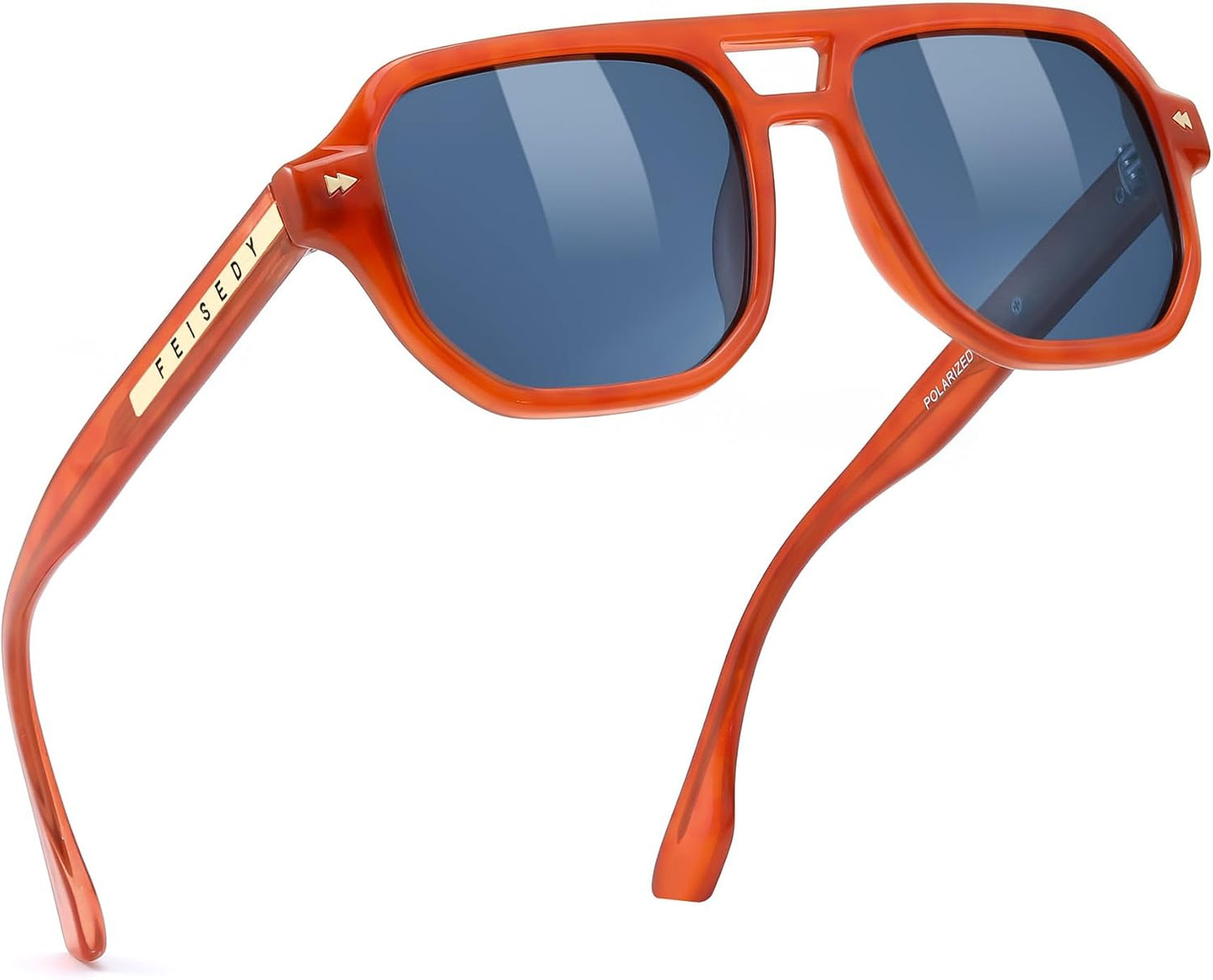 002 Orange Frame & Blue / 49 Millimeters | B0DSH1579W | FEISEDY Polarized Aviator Sunglasses Men Women, Retro 70s Style Design - UV400 Protection, Driving & Daily Wear B0203