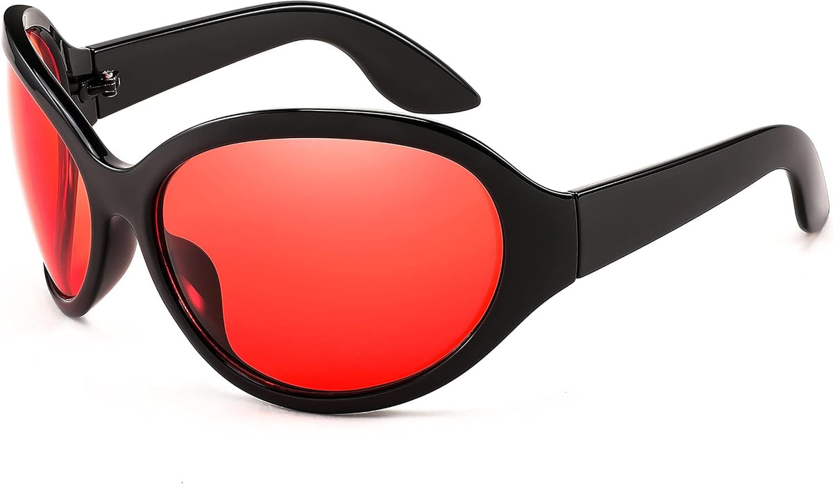 Black Frame Red Lens / 72 Millimeters | B0BYX7KMBR | FEISEDY Bug Eye Y2K Oversized Sunglasses Women Men Oval Frame B2391