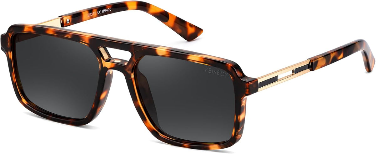 Leopard/Grey / 56 Millimeters | B0GLN94G81 | FEISEDY Retro Aviator Polarized Square Sunglasses for Men Women B0377
