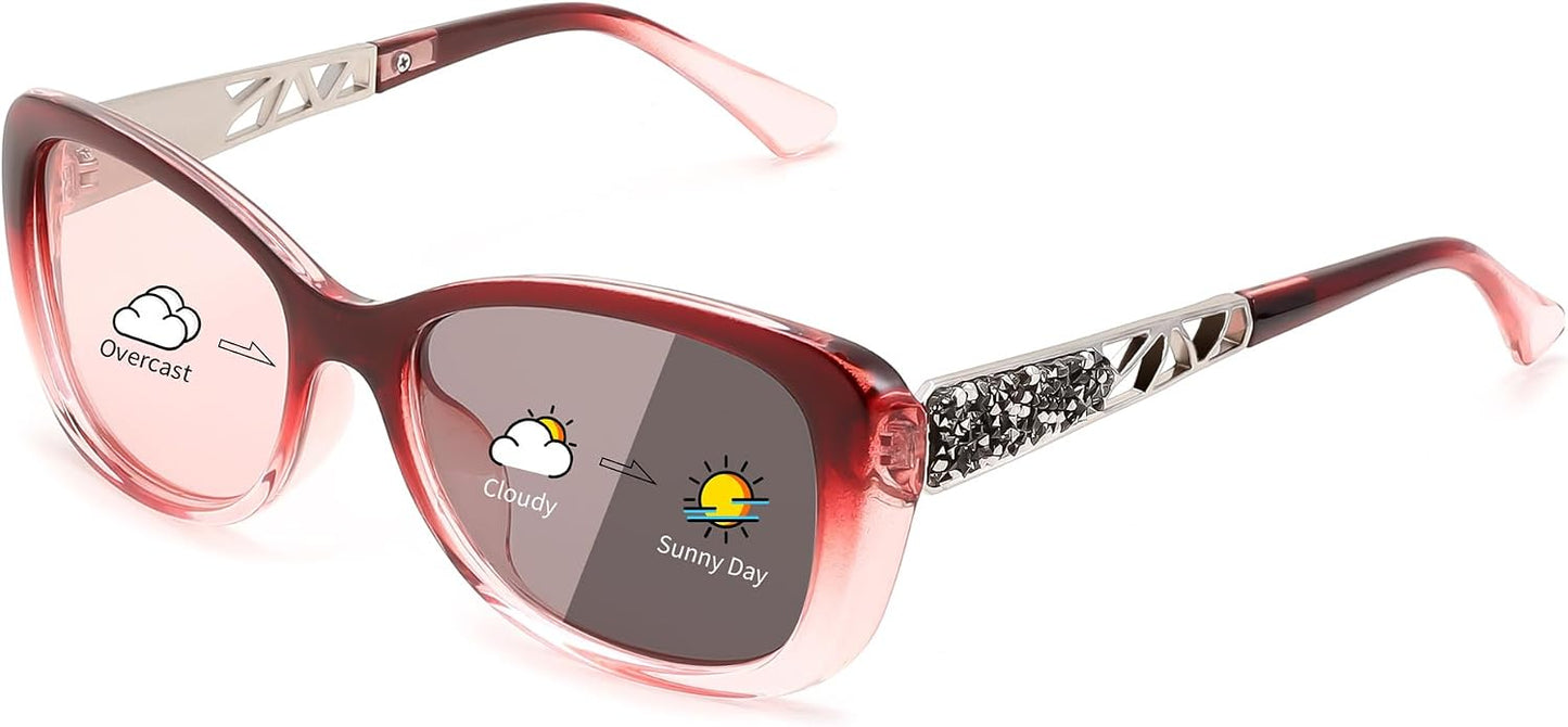 A-polarized Photochromic Red / 58 Millimeters | B0D2R72TPL | FEISEDY Polarized Women Sunglasses Retro Shades Photochromic Lens Sparkling Crystal Sunglasses UV400 Protection B0144