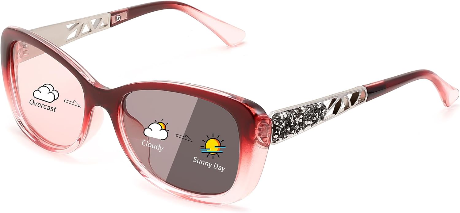 A-polarized Photochromic Red / 58 Millimeters | B0D2R72TPL | FEISEDY Polarized Women Sunglasses Retro Shades Photochromic Lens Sparkling Crystal Sunglasses UV400 Protection B0144