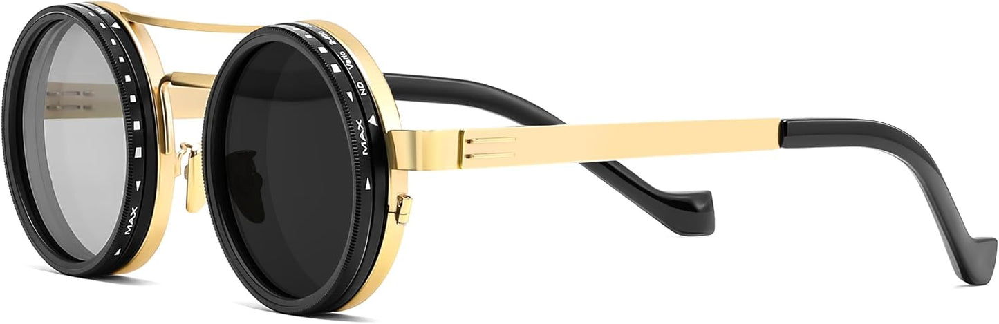 Golden Aviator 0319 / 46 Millimeters | B0FK4K26B9 | FEISEDY Adjustable Sunglasses Polarized Men, Round Metal ND Filter B1400