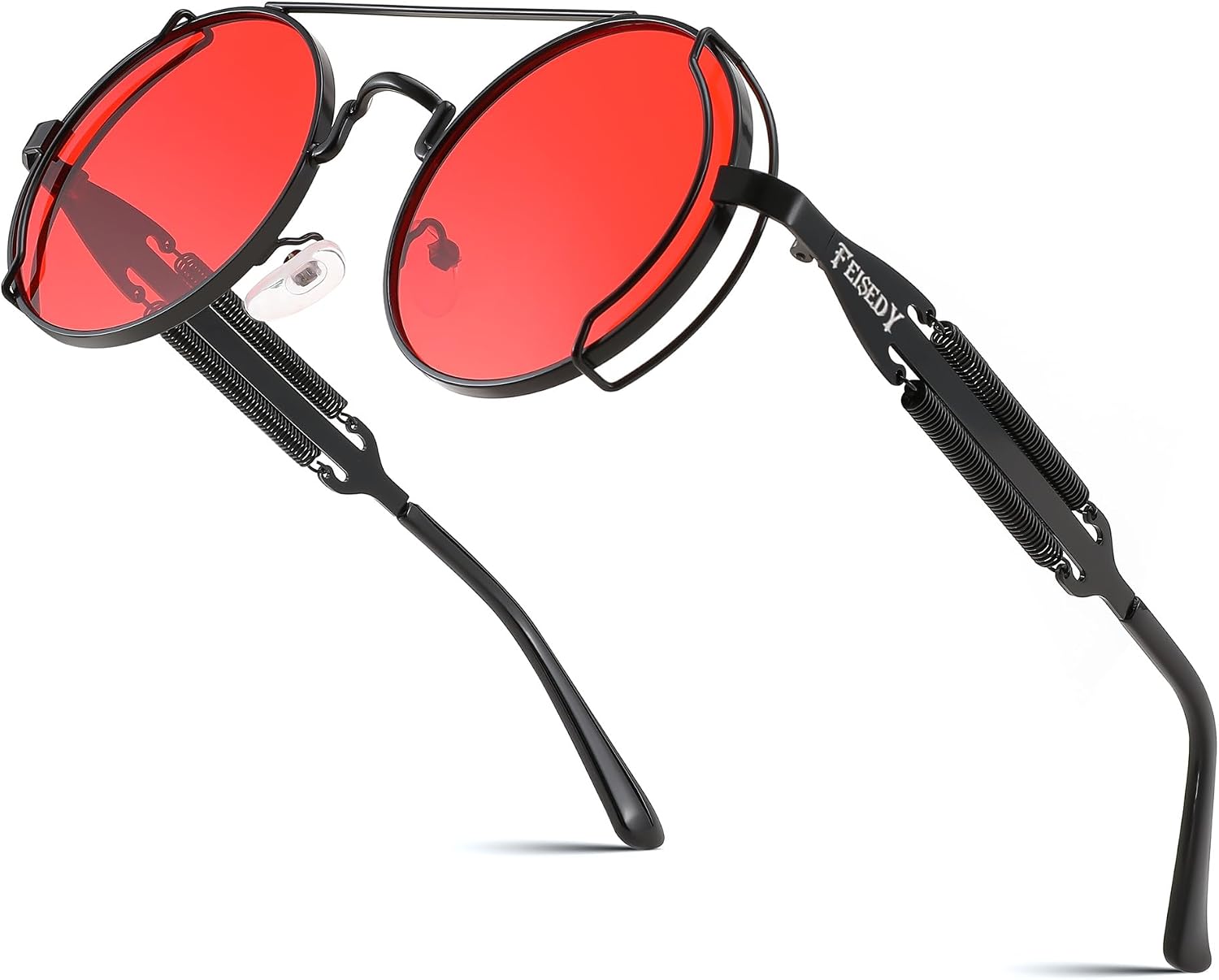Black Frame With Red Lens and Black Leg / 50 Millimeters | B0BD4N4J8C | FEISEDY Aviator Sunglasses for Men Women Steampunk Round Metal Frame B2351