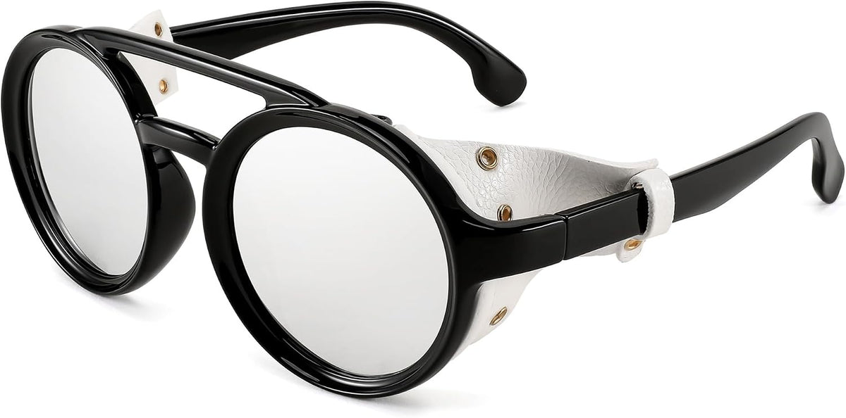 007 Black Frame | Silver Lens | White Leather / 48 Millimeters | B0C5XFH2K3 | FEISEDY Retro Round Steampunk Sunglasses Women Men Leatherwear B2532