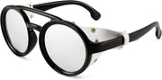 007 Black Frame | Silver Lens | White Leather / 48 Millimeters | B0C5XFH2K3 | FEISEDY Retro Round Steampunk Sunglasses Women Men Leatherwear B2532