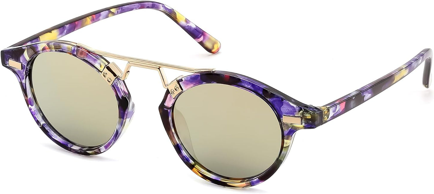 Blue Purple Floral Tortoise & Olive Green Pink Gold Mirror / 46 Millimeters | B0GX6732HK | FEISEDY Retro Round Metal Brow Sunglasses for Women for Small Face B0427
