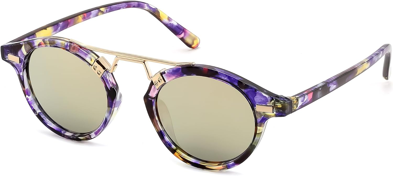 Blue Purple Floral Tortoise & Olive Green Pink Gold Mirror / 46 Millimeters | B0GX6732HK | FEISEDY Retro Round Metal Brow Sunglasses for Women for Small Face B0427