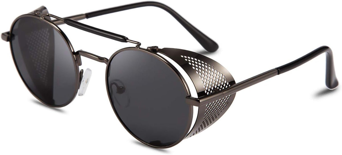 05 Gun Grey / 49 Millimeters | B07X2R1QBR | FEISEDY Steam Punk Sunglasses for Men Women Side Shield Round Steampunk Vintage Glasses Shades B2518