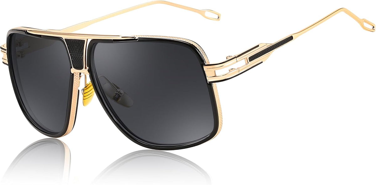 Gold Fram Black and Grey Lense / 58 Millimeters | B0DPW4TT5K | FEISEDY Sunglasses Mens Oversized Retro Metal Steampunk Shades Sunnies Fishing Driving B0272