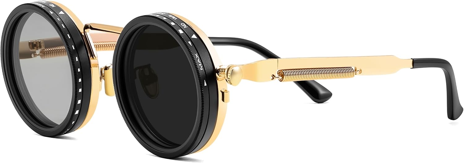 Golden / 46 Millimeters | B0FK1HJ1H1 | FEISEDY Adjustable Sunglasses Polarized Men, Round Metal ND Filter B1400
