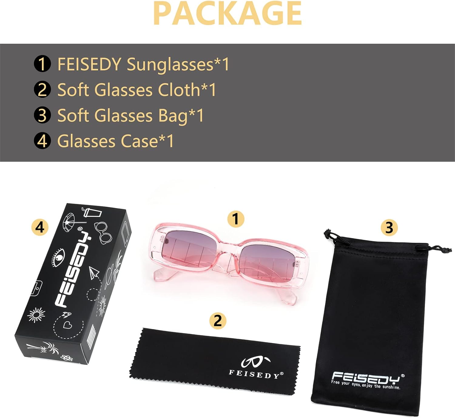 商品图片 44 | B0B12FXZW5 | FEISEDY Rectangle Sunglasses for Women Men Retro Y2k 90s Thick Frame Chunky Square Sunglasses UV400 Protection B2307