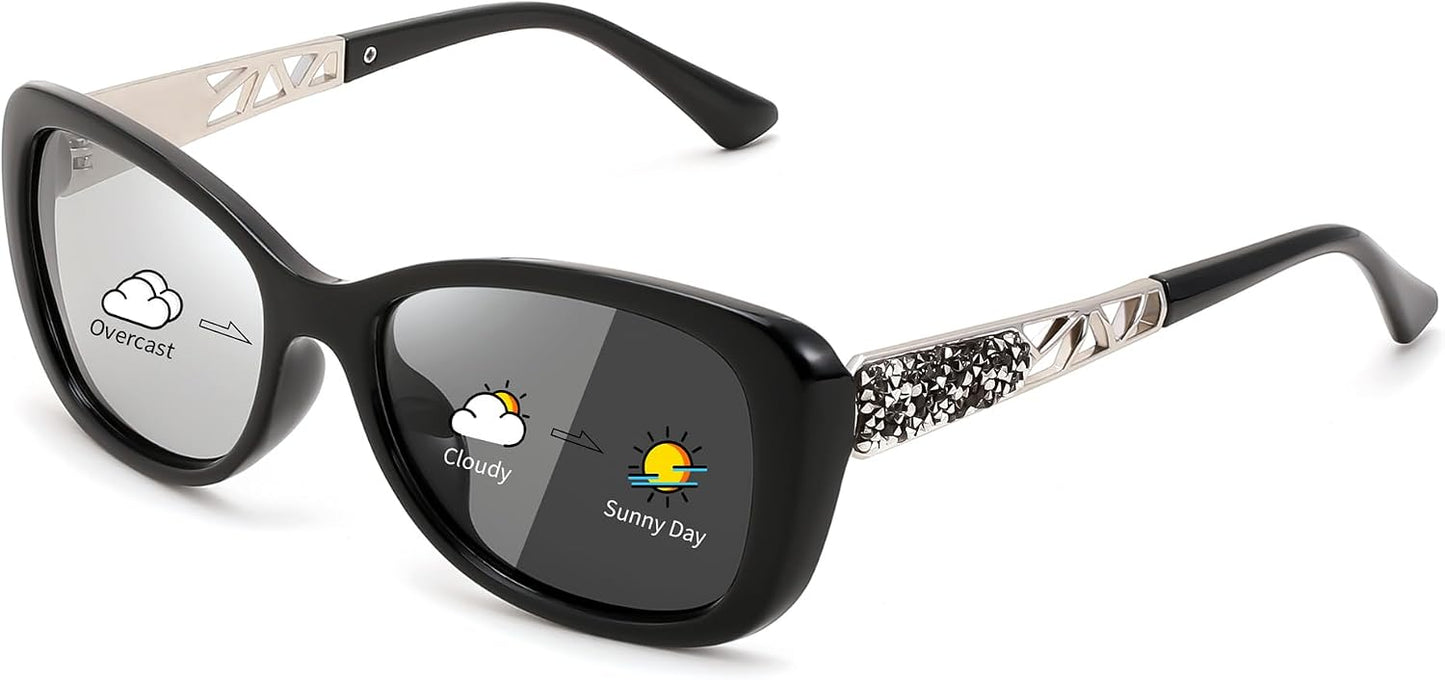 A-polarized Photochromic Black / 58 Millimeters | B0D2RBY6Z9 | FEISEDY Polarized Women Sunglasses Retro Shades Photochromic Lens Sparkling Crystal Sunglasses UV400 Protection B0144