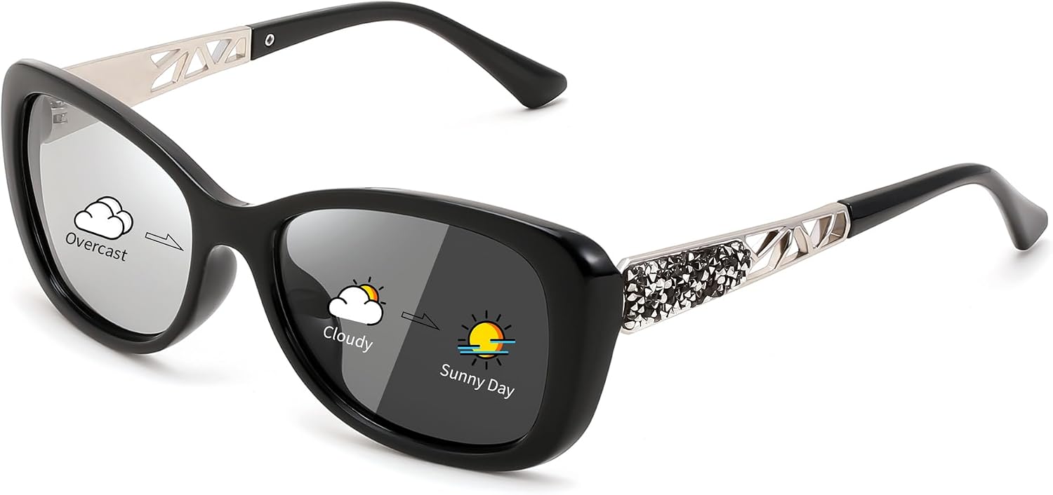 A-polarized Photochromic Black / 58 Millimeters | B0D2RBY6Z9 | FEISEDY Polarized Women Sunglasses Retro Shades Photochromic Lens Sparkling Crystal Sunglasses UV400 Protection B0144