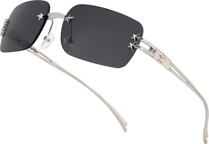 Solid Grey / 61 Millimeters | B0GX6FSM23 | FEISEDY Retro Rimless Rectangle Y2K Tinted Sunglasses for Women Men B0423