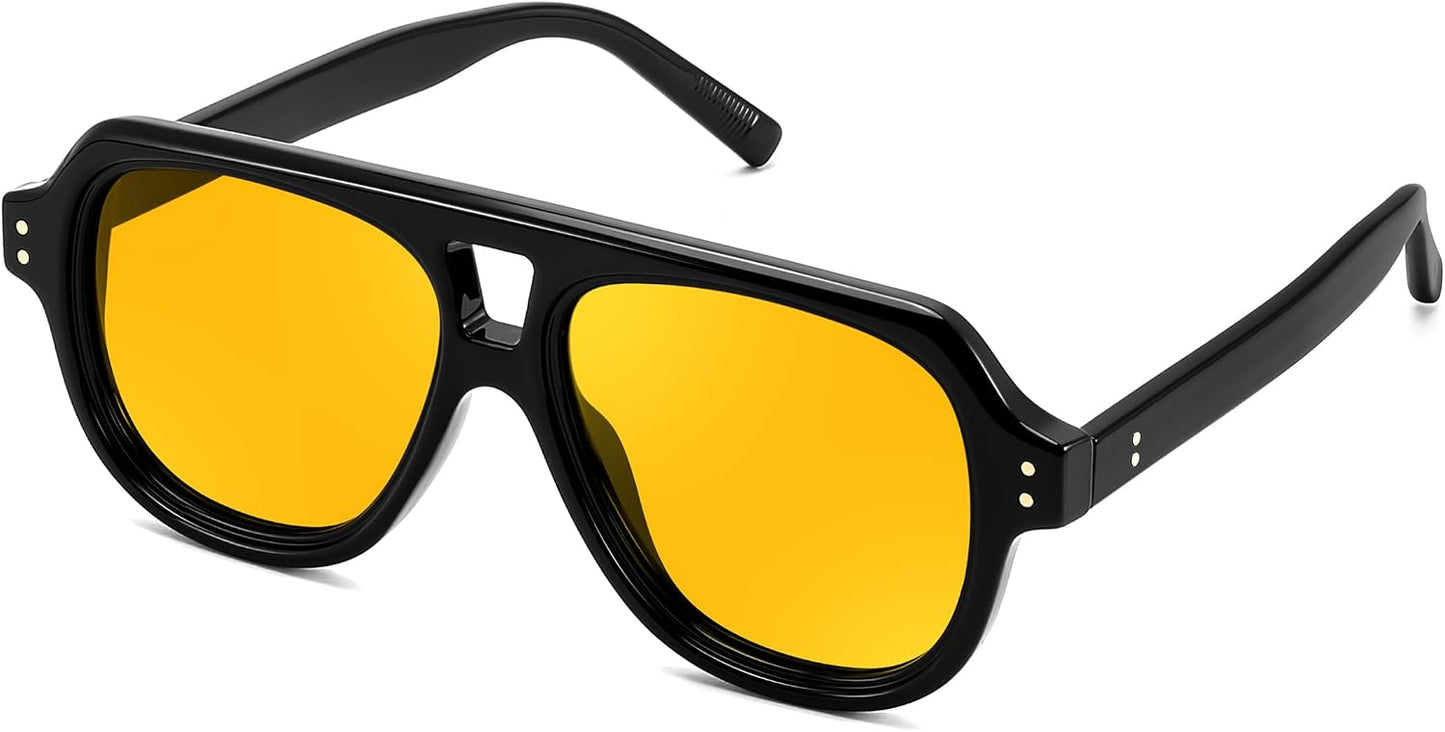 Black Frame & Yellow Lens / 55 Millimeters | B0H1WFMNWD | FEISEDY Retro Aviator Polarized Sunglasses Men Women Trendy Square B0433