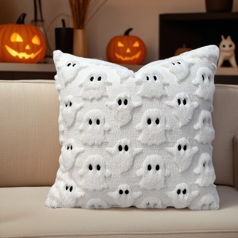 White | B0FMDBQZGX | Halloween Ghost Pillow Cover 18x18 Inch Throw Pillow Covers, Cute Spooky Decor for Couch Bed Sofa Indoor Ghost Decorations