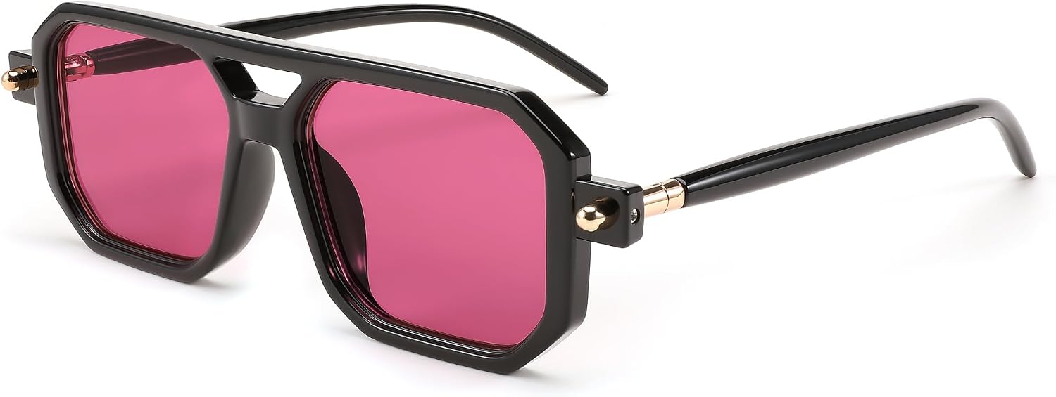 009 Black Frame & Purple Lens / 52 Millimeters | B0CHFC2B21 | FEISEDY Vintage Square 70s Flat Aviator Sunglasses Women Men Classic Retro Stylish Frame UV400 Sunglasses B2622