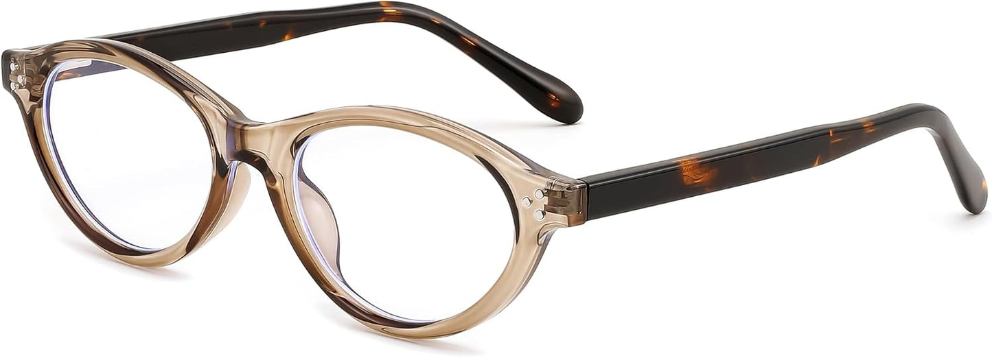 Transparent Tea-tortoise / 49 Millimeters | B0GV3Y83RW | FEISEDY Oval Cat Eye Blue Light Blocking Glasses for Women Clear Lens B0395