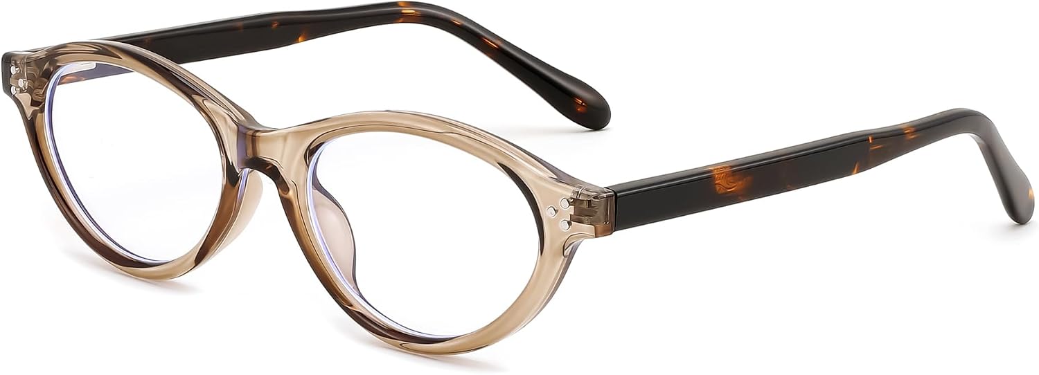 Transparent Tea-tortoise / 49 Millimeters | B0GV3Y83RW | FEISEDY Oval Cat Eye Blue Light Blocking Glasses for Women Clear Lens B0395