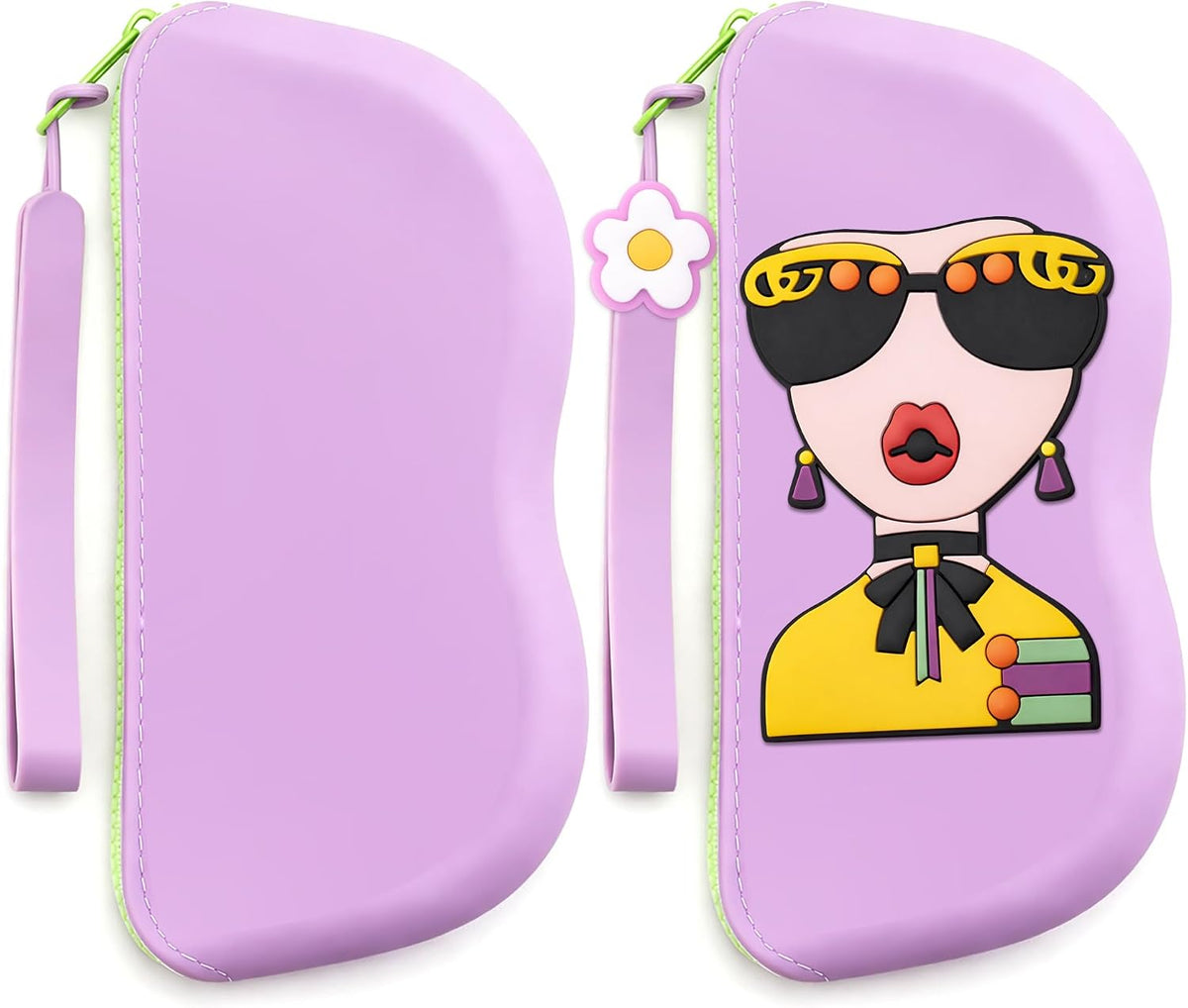 Purple | B0GFYTW333 | FEISEDY 2Pack Cartoon Silicone Glasses Pouch with Carrying Strap Cute Protective Eyewear Case for Travel B0386