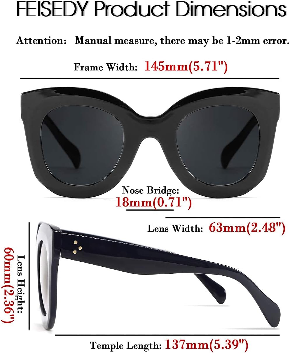 商品图片 6 | B083TZVTXV | FEISEDY Retro Oversized Square Horn Sunglasses Semi Cat Eye Butterfly Glass Big Thick Bold Frame B2572