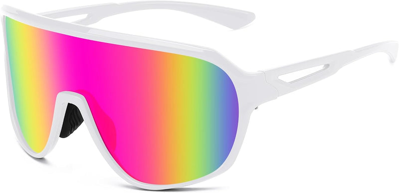 White Frame Pink Mirrored Lens / Large | B0D5D4T92Q | FEISEDY Sports Sunglasses for Men and Women,Oversized One Piece Reflective Lens Cycling Sunglasses B0178