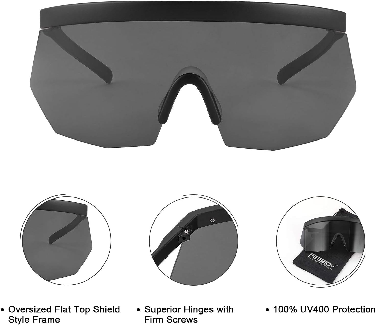 商品图片 6 | B08R8H82SR | FEISEDY Oversized Flat Top Shield Glasses Mirrored Lens Semi Rimless Style Sun Visors Sunglasses B2727