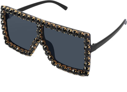 001 Black Diamond & Dark Grey Lens / 64 Millimeters | B096Z1HJQ6 | FEISEDY Oversized Sparkling Crystal Sunglasses Disco Diamond Flat Top Fashion Square Large Shades B2782