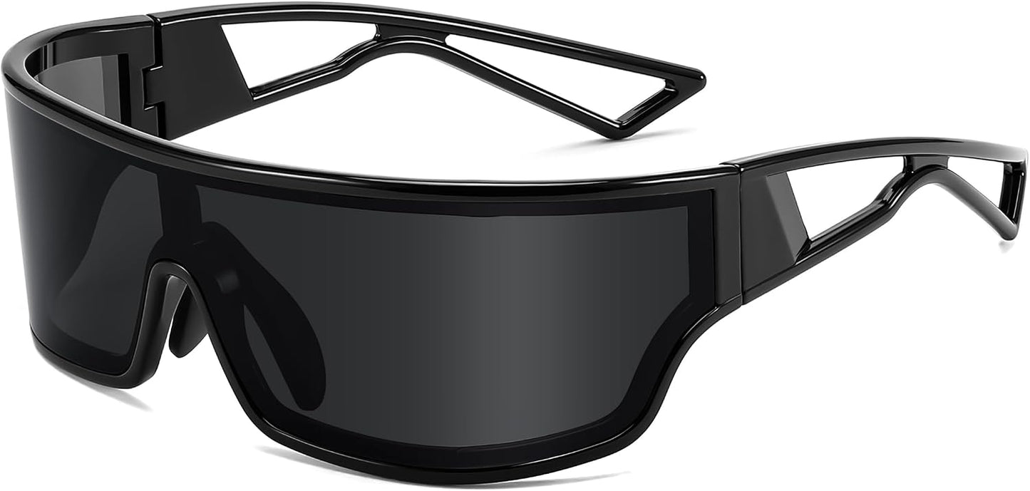 Black Frame Grey Lens / 75 Millimeters | B0D3PY7DT1 | FEISEDY Trendy Futuristic Wrap Sunglasses Flat Top Mirrored One Piece Lens Reflective Sun Glasses for Women Men B0161