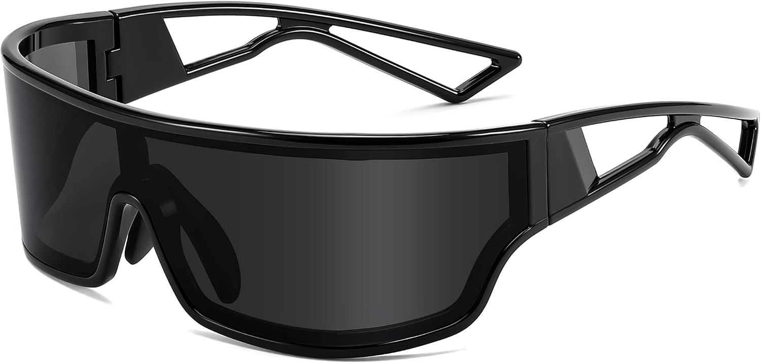 Black Frame Grey Lens / 75 Millimeters | B0D3PY7DT1 | FEISEDY Trendy Futuristic Wrap Sunglasses Flat Top Mirrored One Piece Lens Reflective Sun Glasses for Women Men B0161