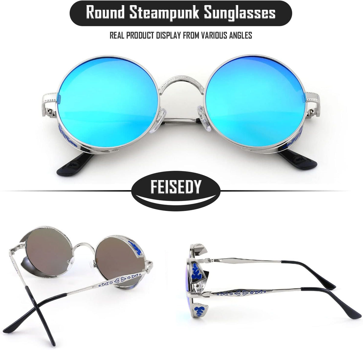 ÉÌƷͼƬ 47 | B0CHLX78KB | FEISEDY Retro Steampunk Sunglasses for Men Women, Round Metal Frame Gothic Vintage Style B2820