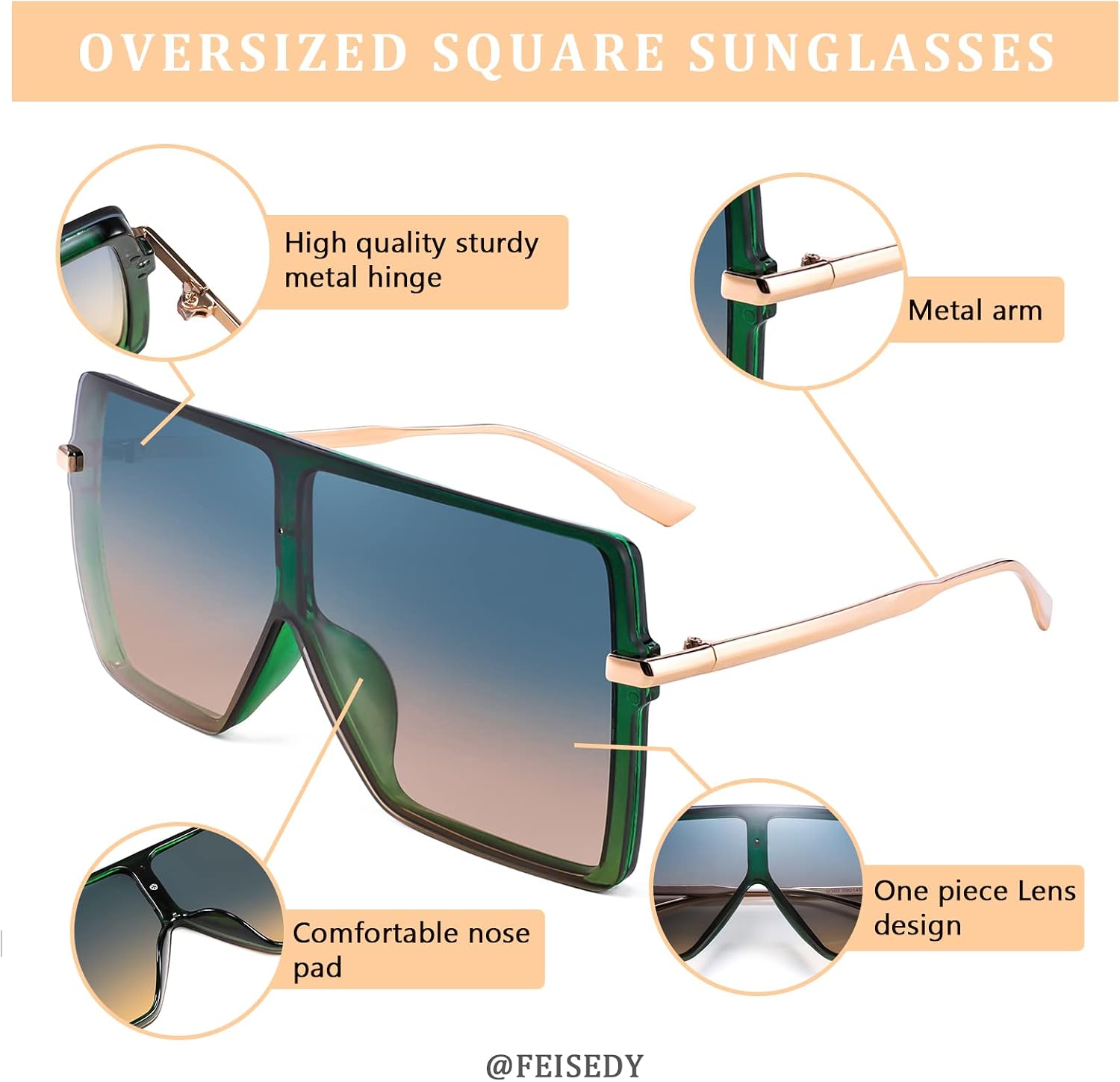 商品图片 18 | B097CVFDZT | FEISEDY Flat Top Oversized Shield Sunglasses Women Men Square Fashion Rimless Shades UV400 B2784
