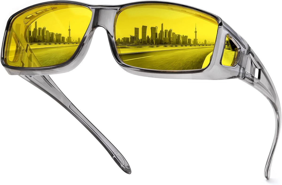 Grey Frame Night Vision Polarized Yellow Lenses / 60 Millimeters | B0DBH4CCJN | FEISEDY Polarized Fit Over Glasses Sunglasses Men Women Wrap Around B2593