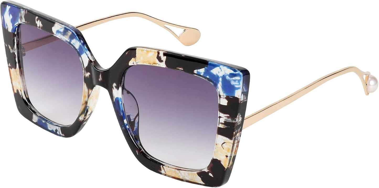 Marble Pattern / 50 Millimeters | B08HVKPRV2 | FEISEDY Sunglasses Womens Trendy, Oversized Square Shades, Pearl Inlay Cat Eye Frame UV400 Protection B2625