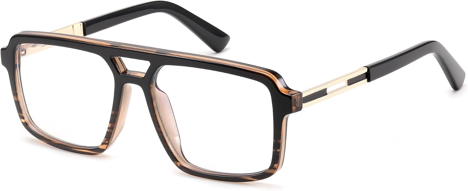 002 Tea Stripe Frame / 53 Millimeters | B0D9NGM435 | FEISEDY Retro Aviator Square Blue Light Glasses for Men Women B0209