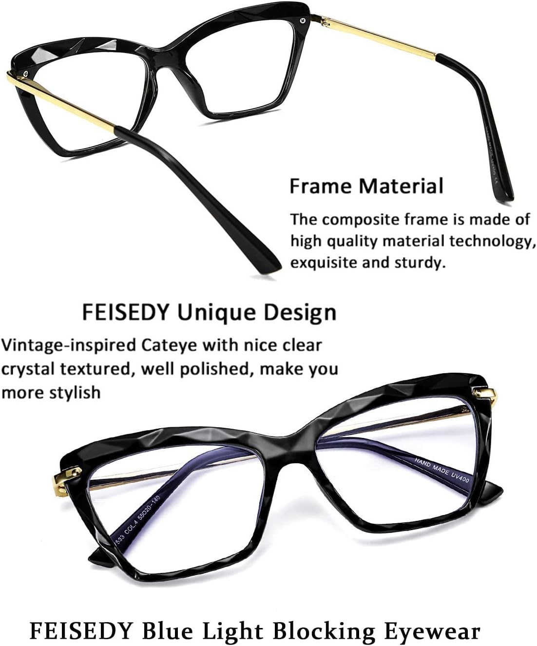ÉÌƷͼƬ 6 | B07S9JPPPF | FEISEDY Crystal Cat Eye Glasses Frame Blue Light Blocking Computer Eyewear B2500