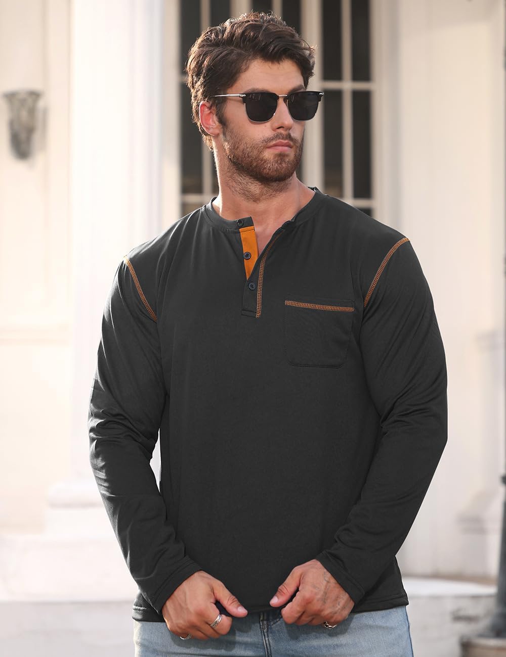 商品图片 3 | B0GL8FCK9T | Men's Long Sleeve Henley Shirt, Casual T-Shirt with Color Block Design, Classic Button Collar Pullover for Daily