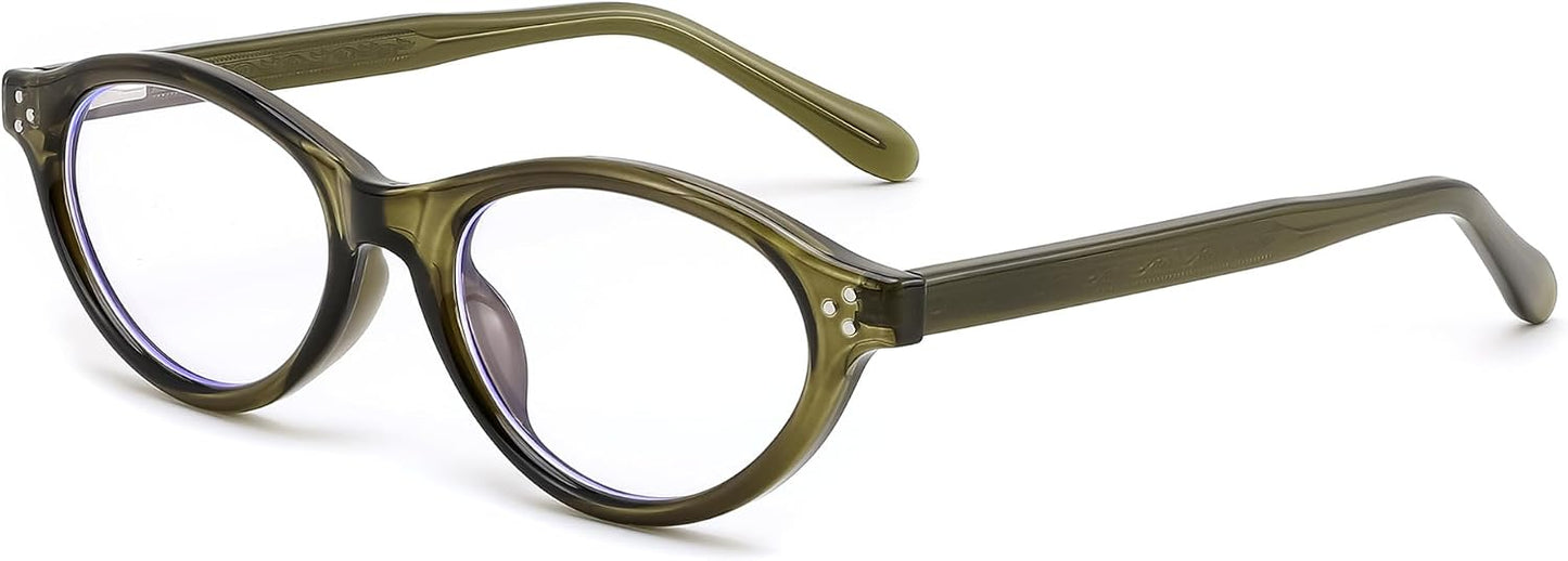 Olive Green / 49 Millimeters | B0GV3QJ5VK | FEISEDY Oval Cat Eye Blue Light Blocking Glasses for Women Clear Lens B0395