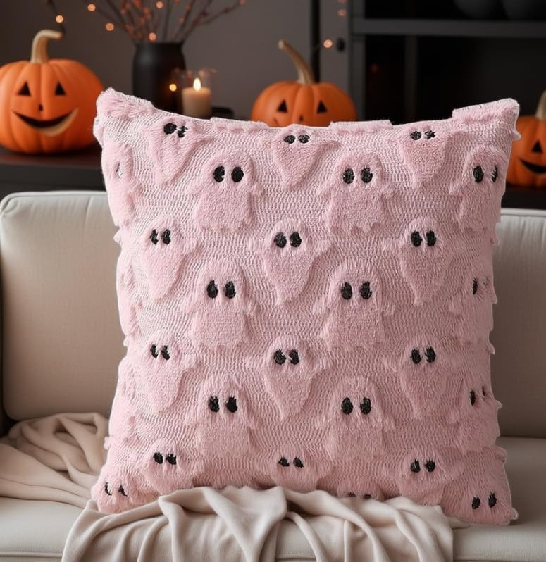 Pink | B0FMCRDGGC | Halloween Ghost Pillow Cover 18x18 Inch Throw Pillow Covers, Cute Spooky Decor for Couch Bed Sofa Indoor Ghost Decorations