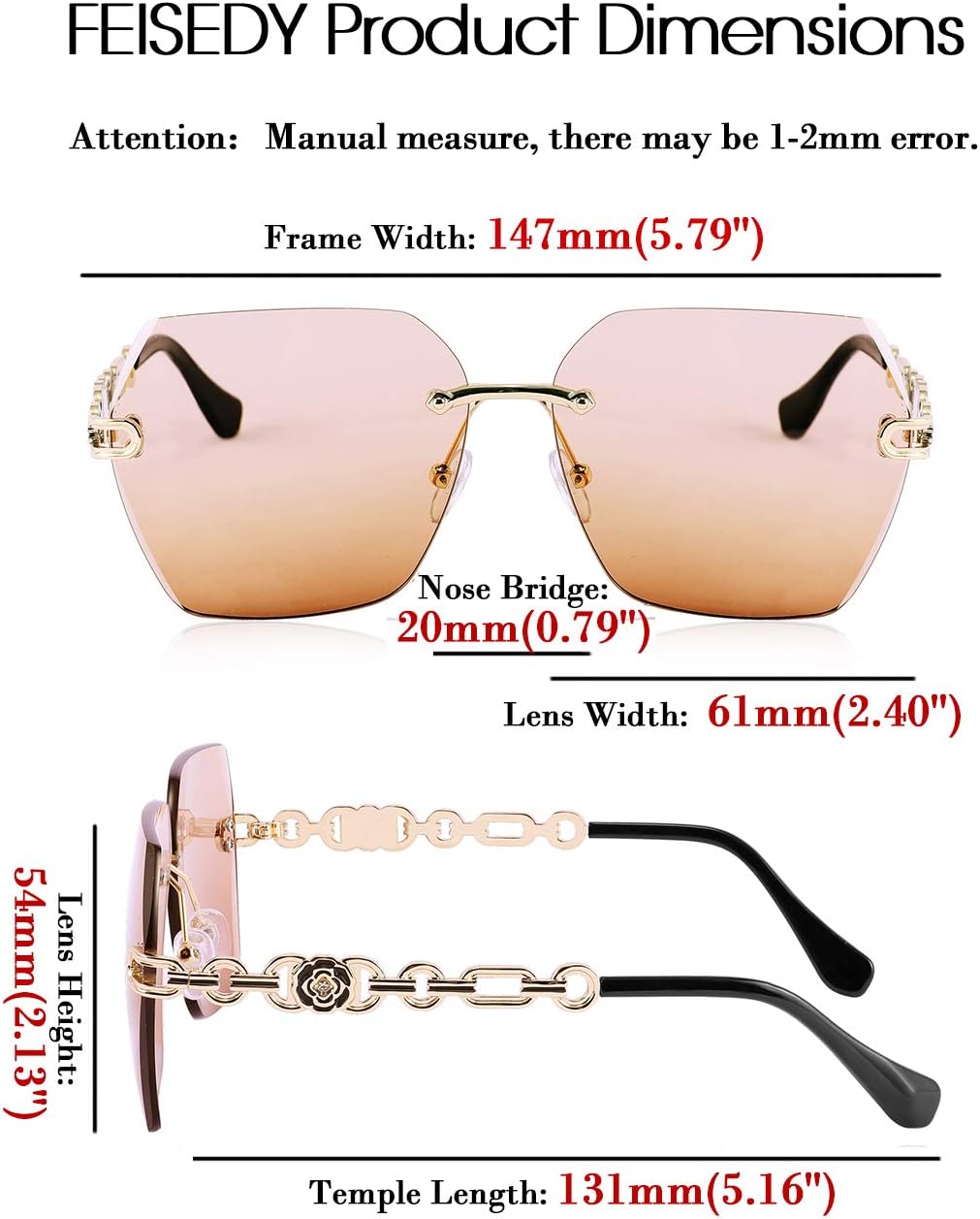 商品图片 59 | B083VRLS2Q | FEISEDY Classic Rimless Sunglasses Women Metal Frame Diamond Cutting Lens Sun Glasses B2567