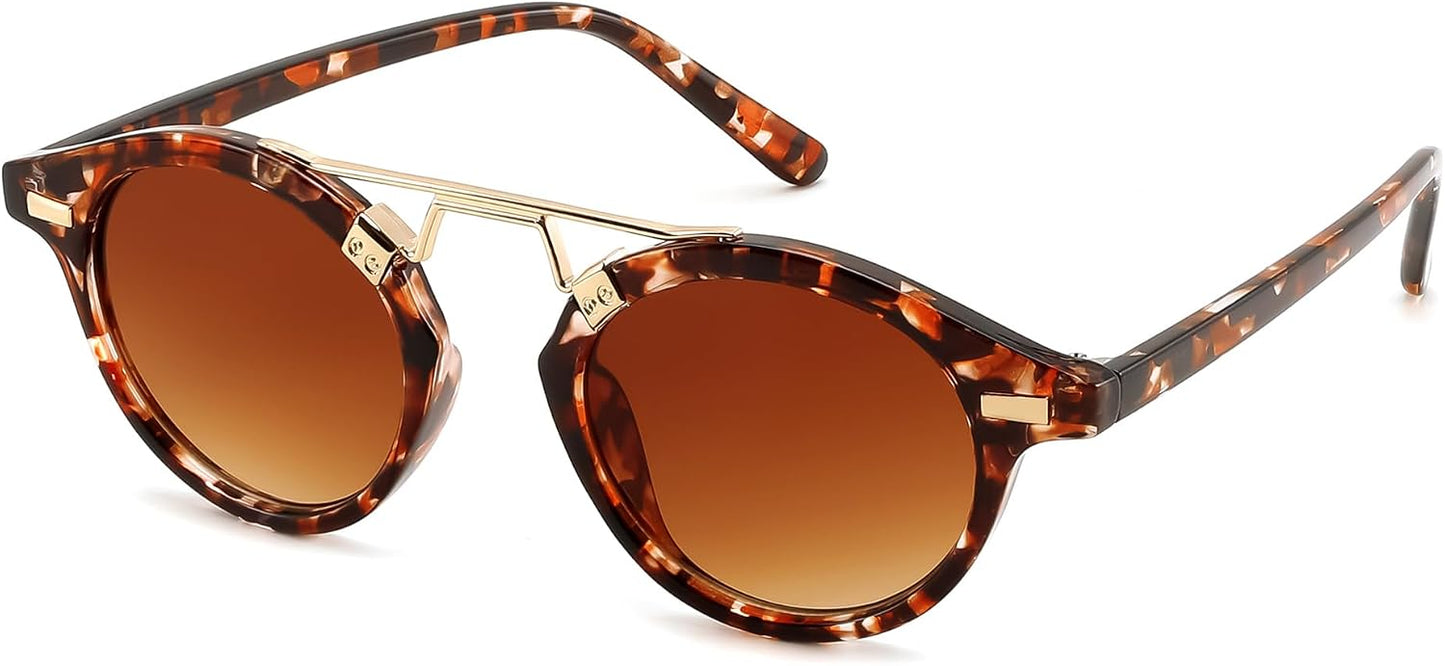 Tea Brown Floral Tortoise Frame & Gradient Tea Red Lens / 46 Millimeters | B0GX63Q8ND | FEISEDY Retro Round Metal Brow Sunglasses for Women for Small Face B0427