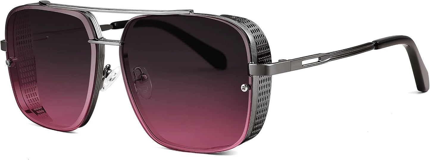 Gun Grey Frame Gradient Red / 55 Millimeters | B0BS19DTY8 | FEISEDY Sunglasses Mens Women Vintage Pilot Square Trendy Metal Steampunk Fishing Driving Sun Glasses B2894