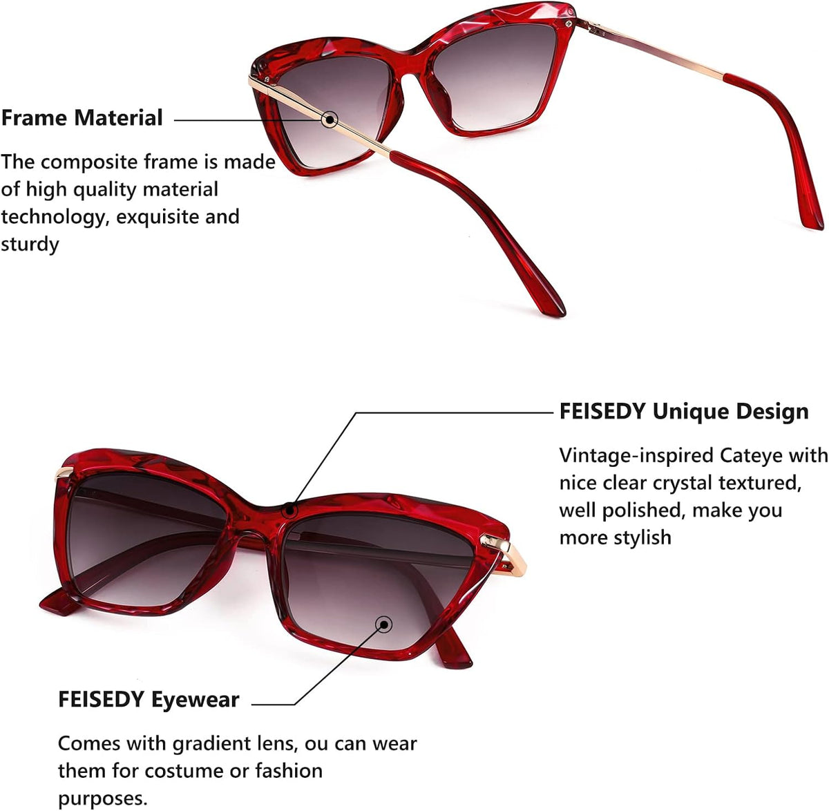 商品图片 17 | B09XDZ71JH | FEISEDY Vintage Cat Eye Reading Sunglasses Full Lens Women Sun Reader Glasses Spring Hinges B2896